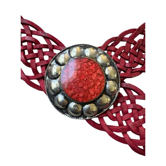 Vintage Braided Red Leather Belt wide Silver Coral Inlay womens XL 1X boho main image 5